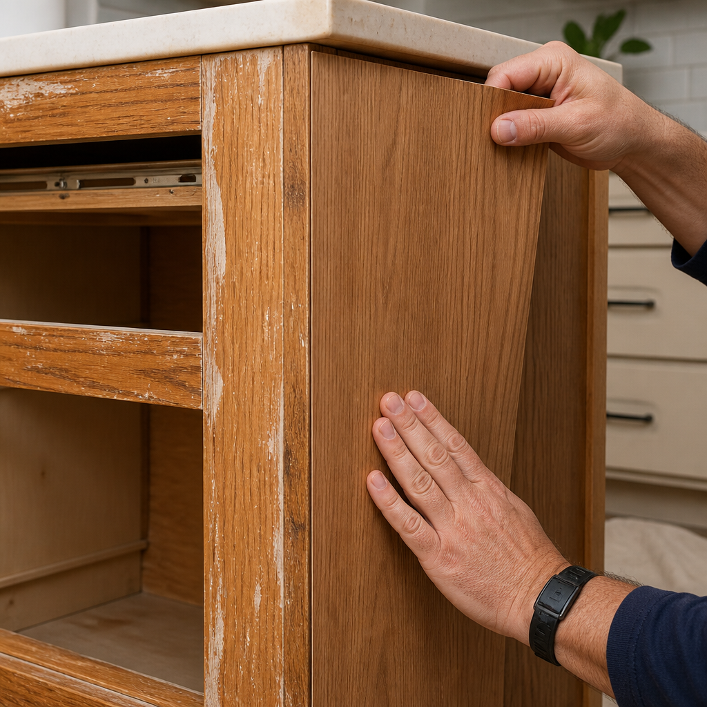 Close-up of the cabinet refacing process being applied to a face frame.