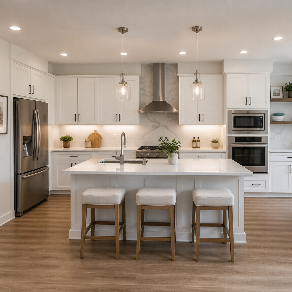 A finished kitchen featuring white refaced cabinets and modern hardware.