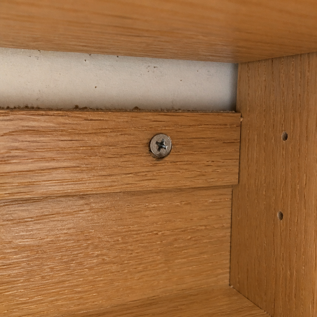 Close-up of a cabinet mounting screw and hanging rail.