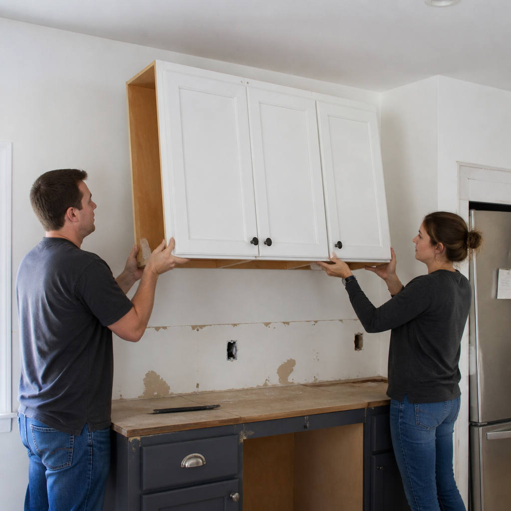 Two people removing an upper kitchen cabinet carefully for reuse.