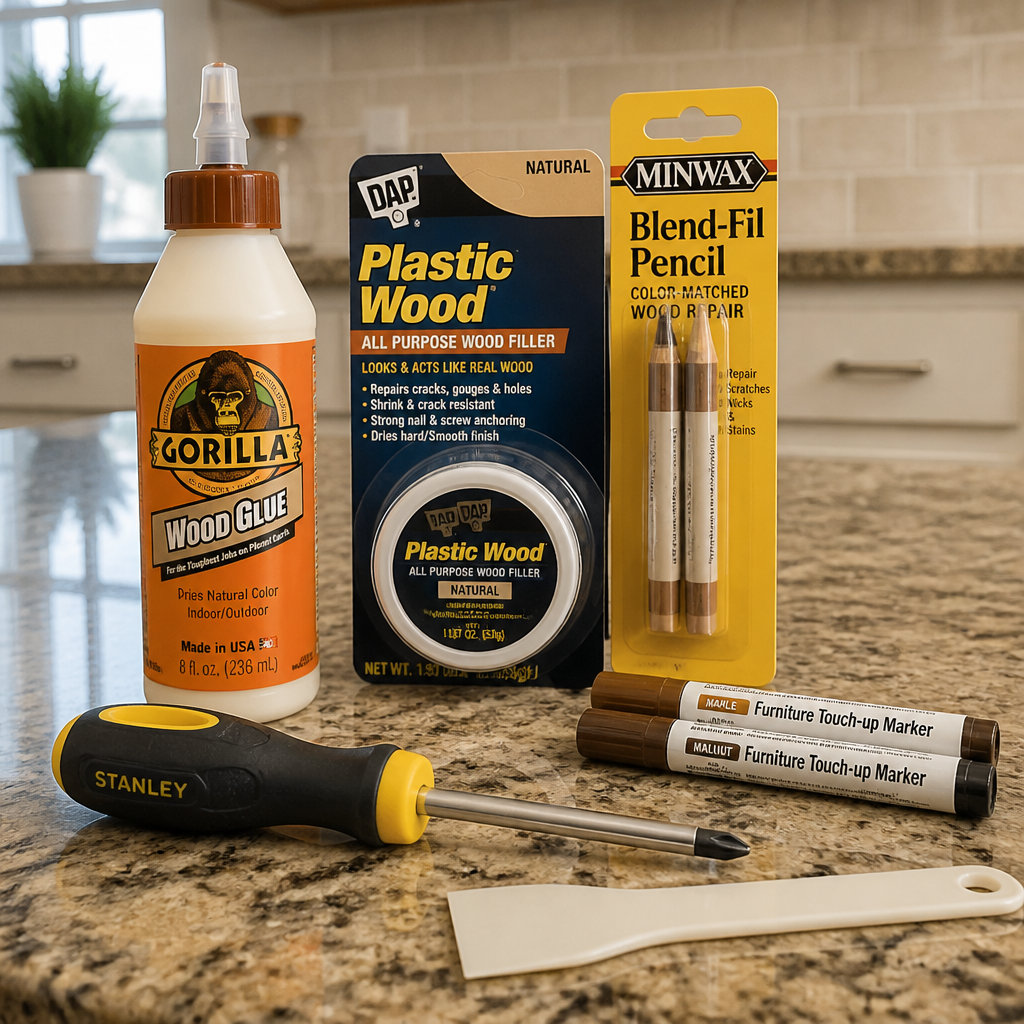 Cabinet repair tools on a kitchen counter.