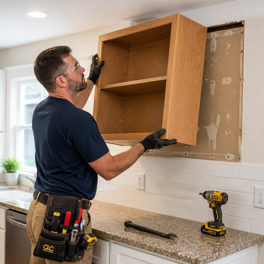 A kitchen cabinet being removed from a wall during a renovation.