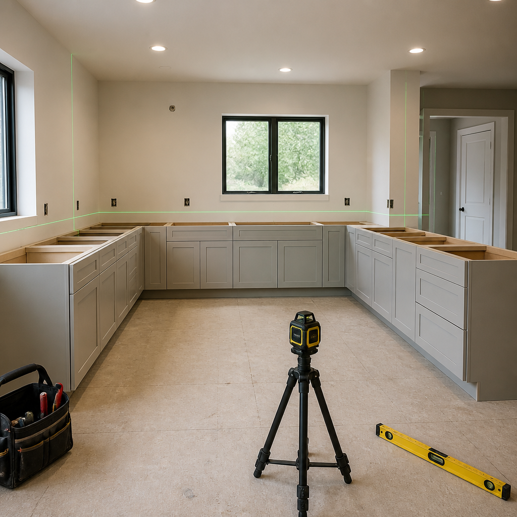 Empty kitchen space being prepared for new cabinet installation.