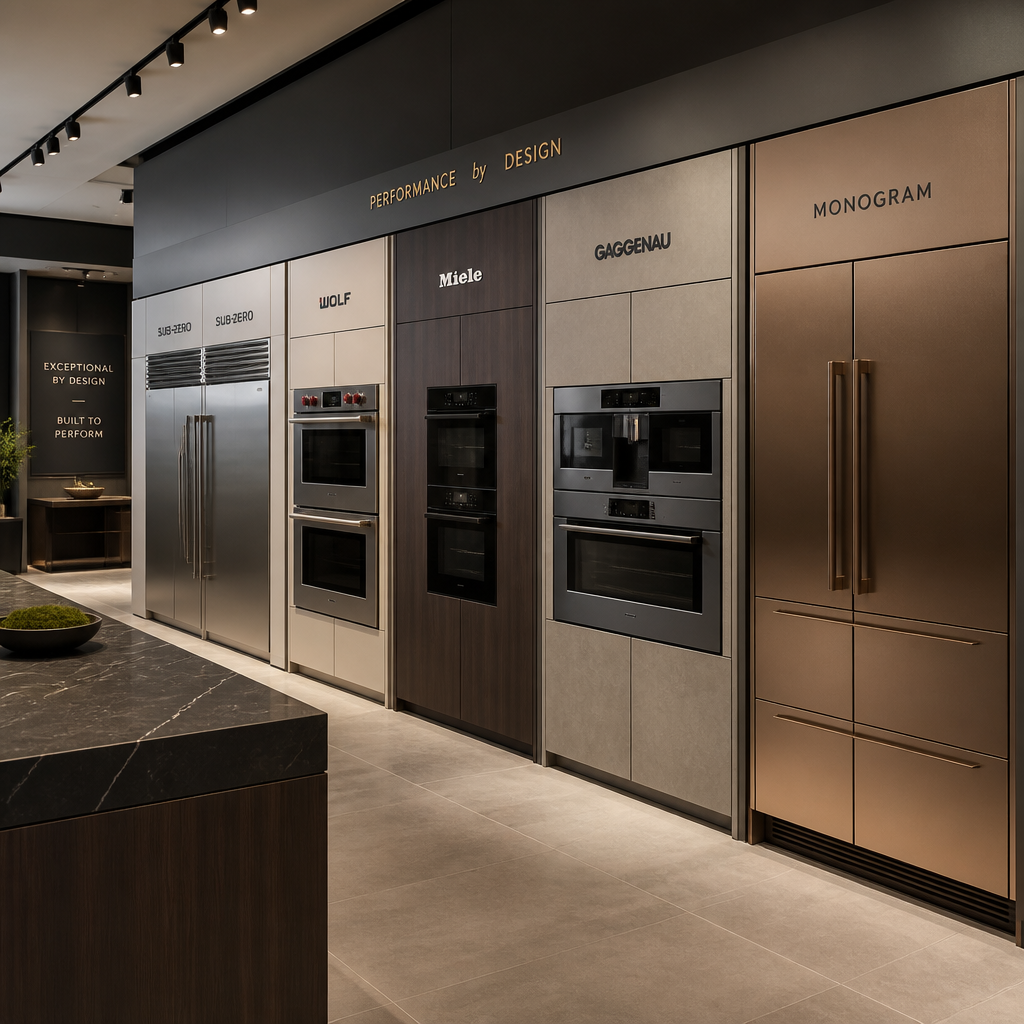 Various kitchen appliances on display in a modern showroom.