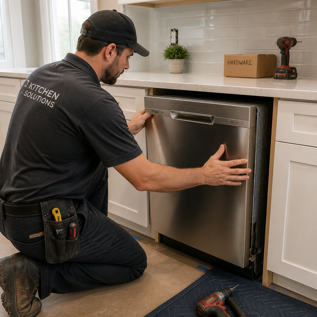 Close up of a dishwasher being installed into cabinetry.