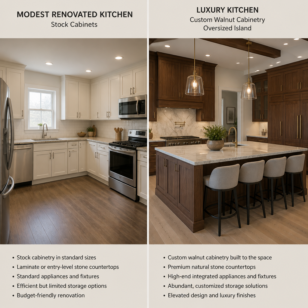 Comparison of budget-friendly and luxury kitchen renovations.