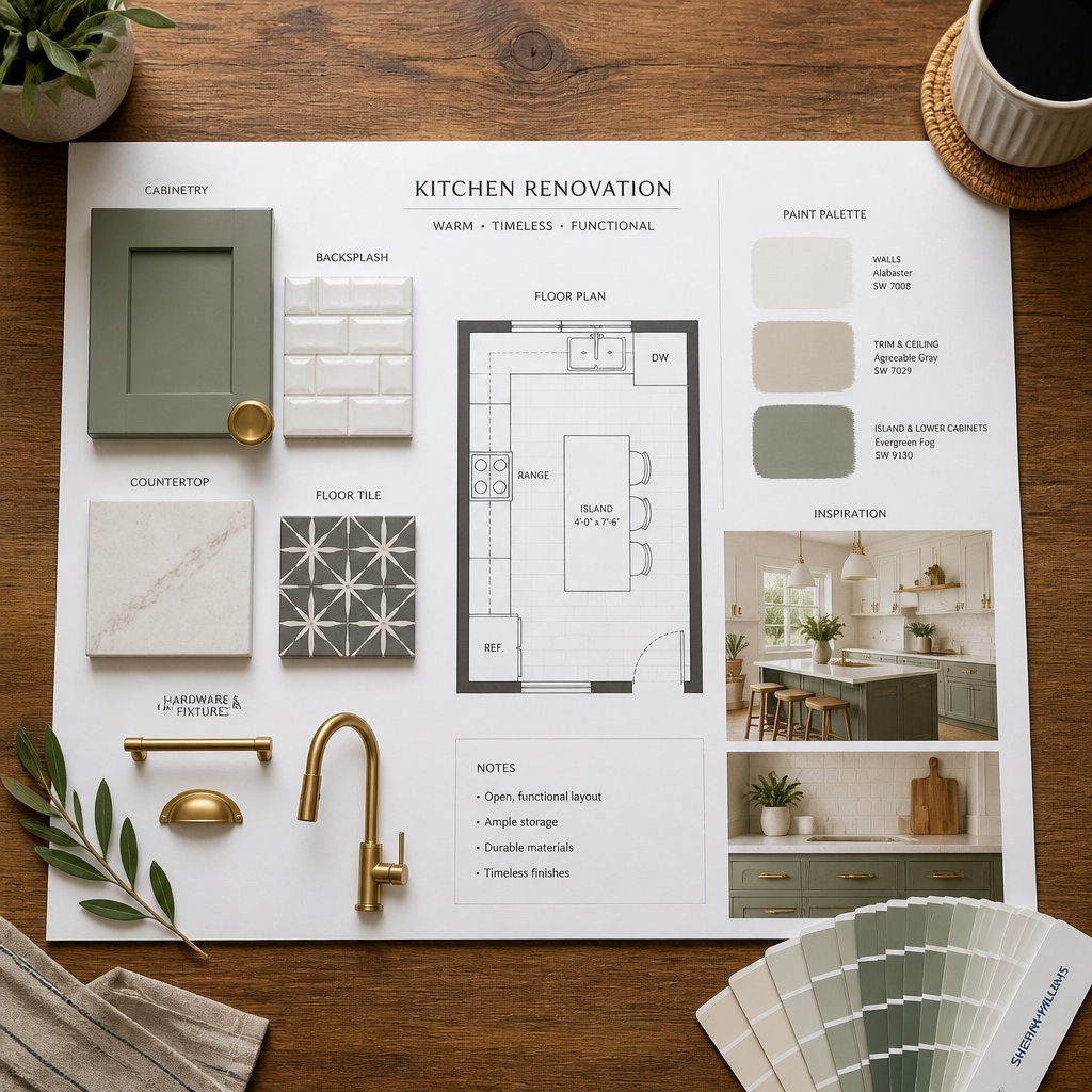 Kitchen renovation planning materials and mood board.