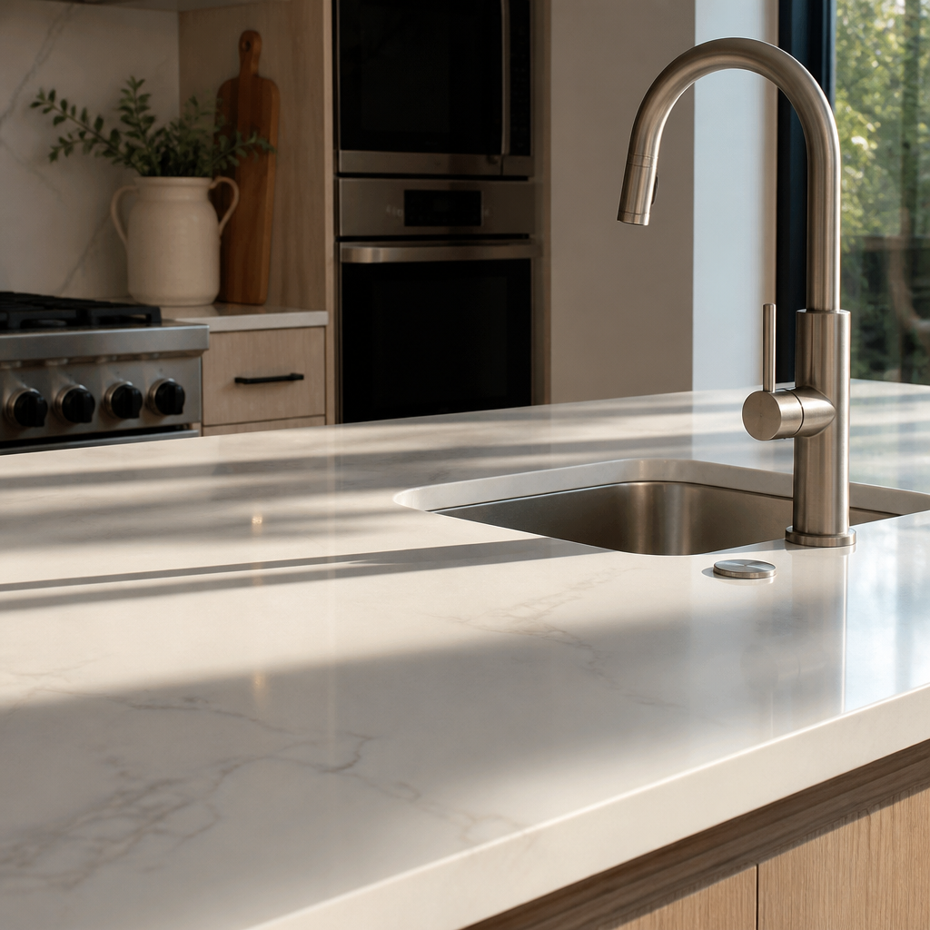 Modern kitchen countertop and faucet upgrade.