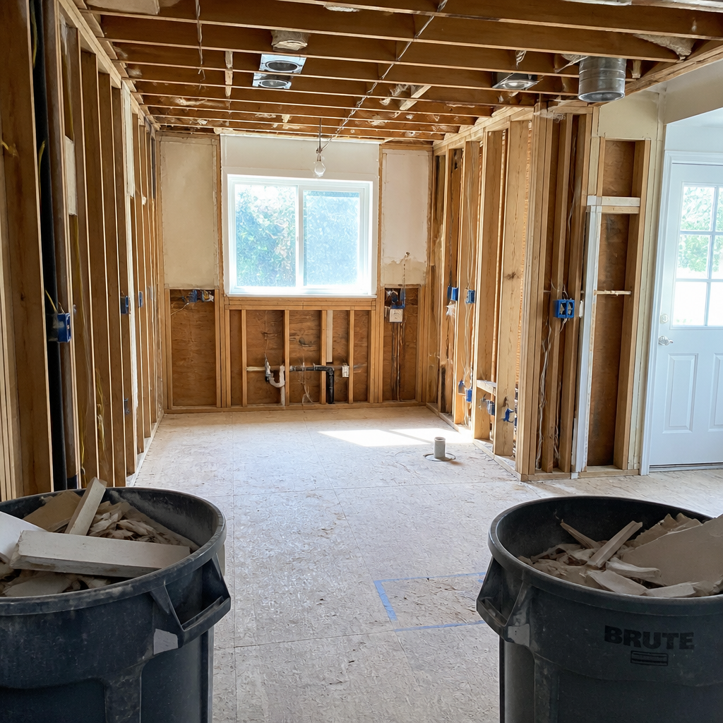 A kitchen under demolition with exposed framing and removed cabinetry.