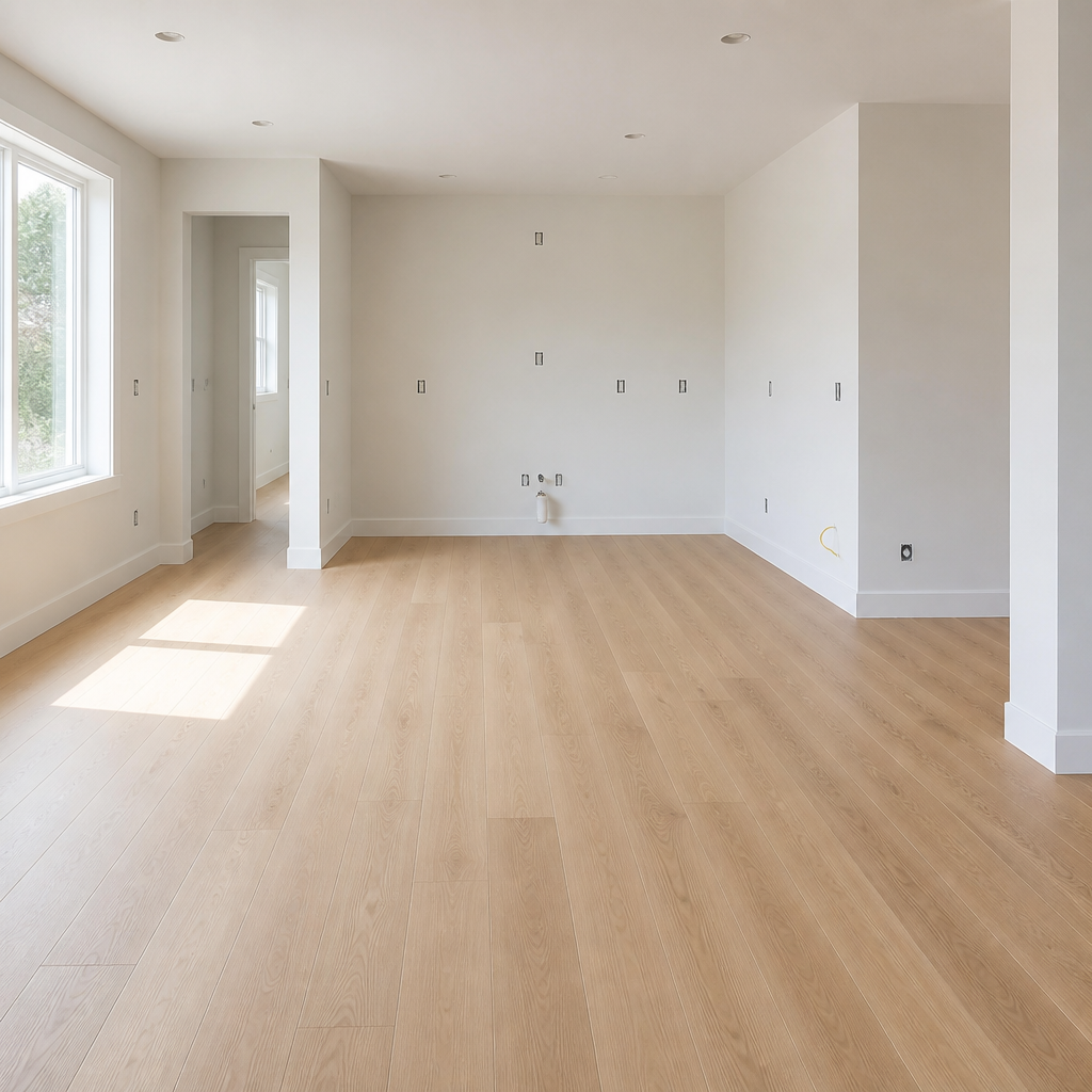 Freshly installed flooring and new drywall in a kitchen renovation.