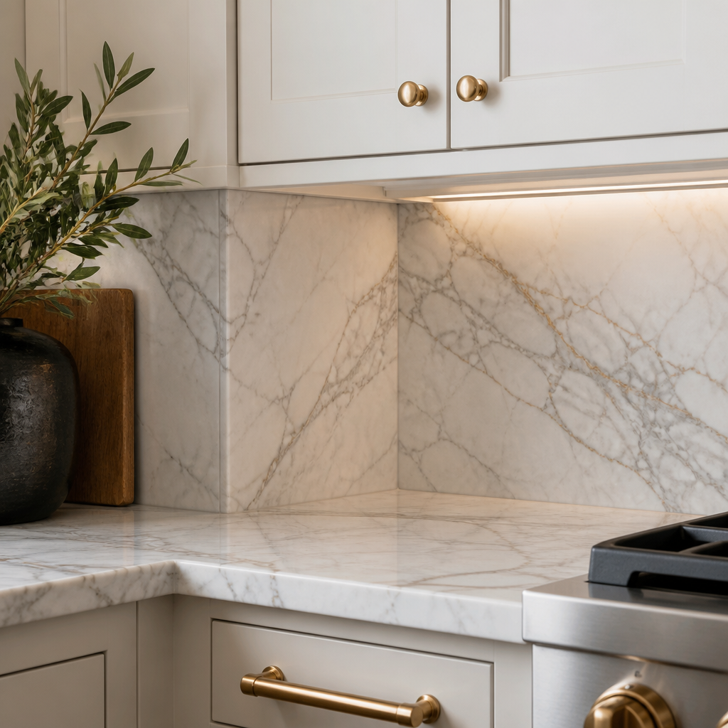 Detailed view of kitchen backsplash and cabinetry hardware.