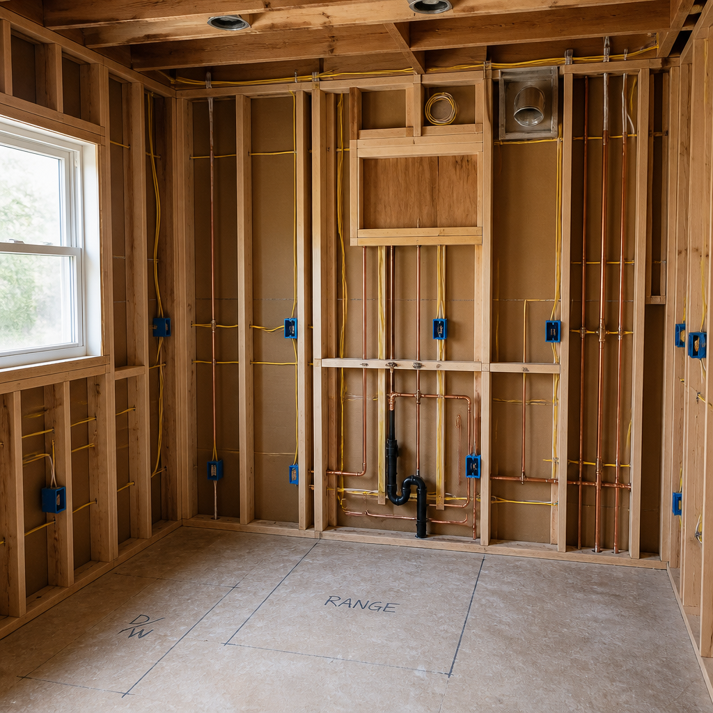 Exposed kitchen wall showing new electrical and plumbing rough-ins.