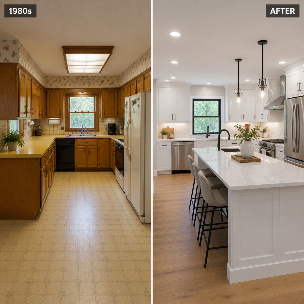 Before and after comparison of a kitchen remodel.