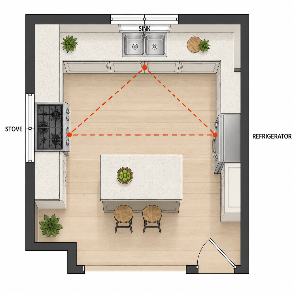 A kitchen floor plan diagram showing functional zones.