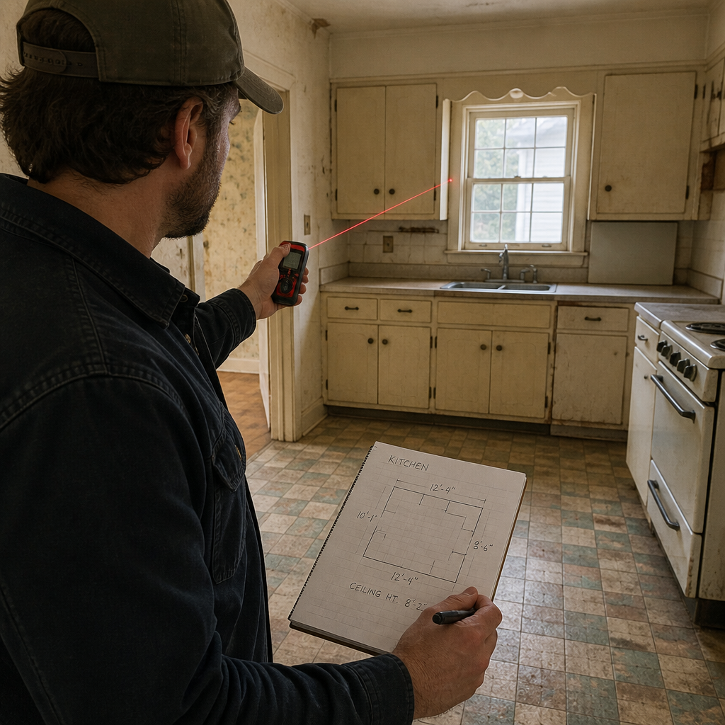 Measuring a kitchen for a new layout and renovation plan.