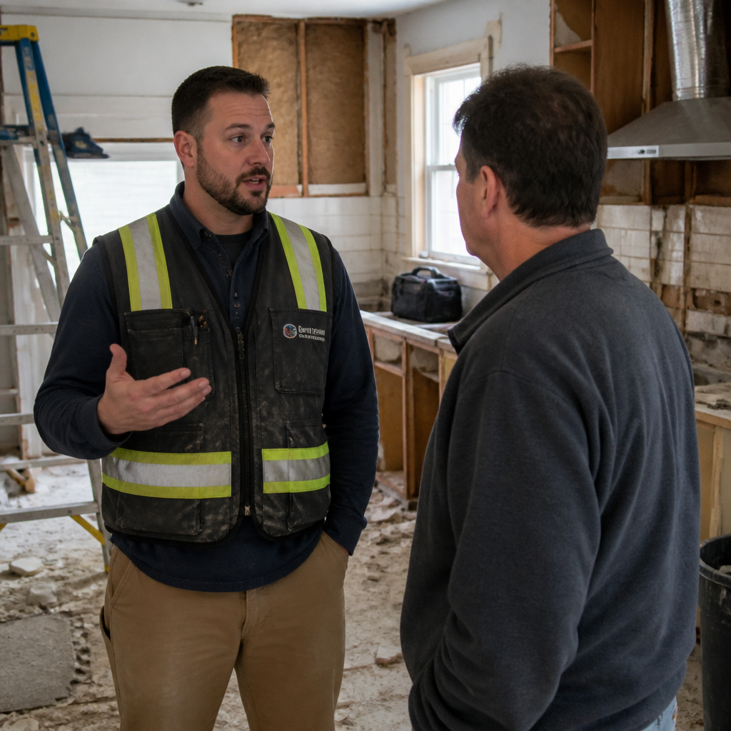 General contractor discussing kitchen renovation plans with a homeowner.