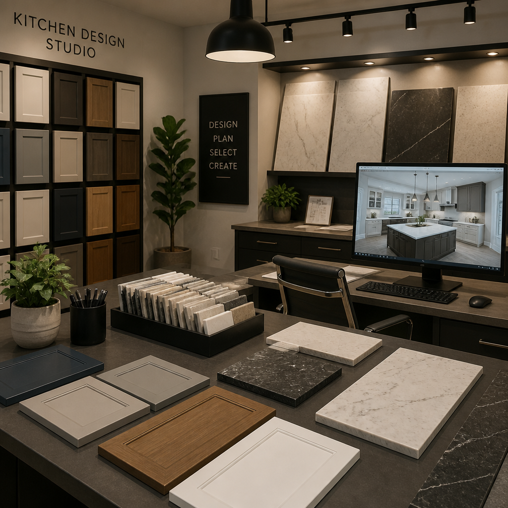 A kitchen design studio with materials and digital renderings.