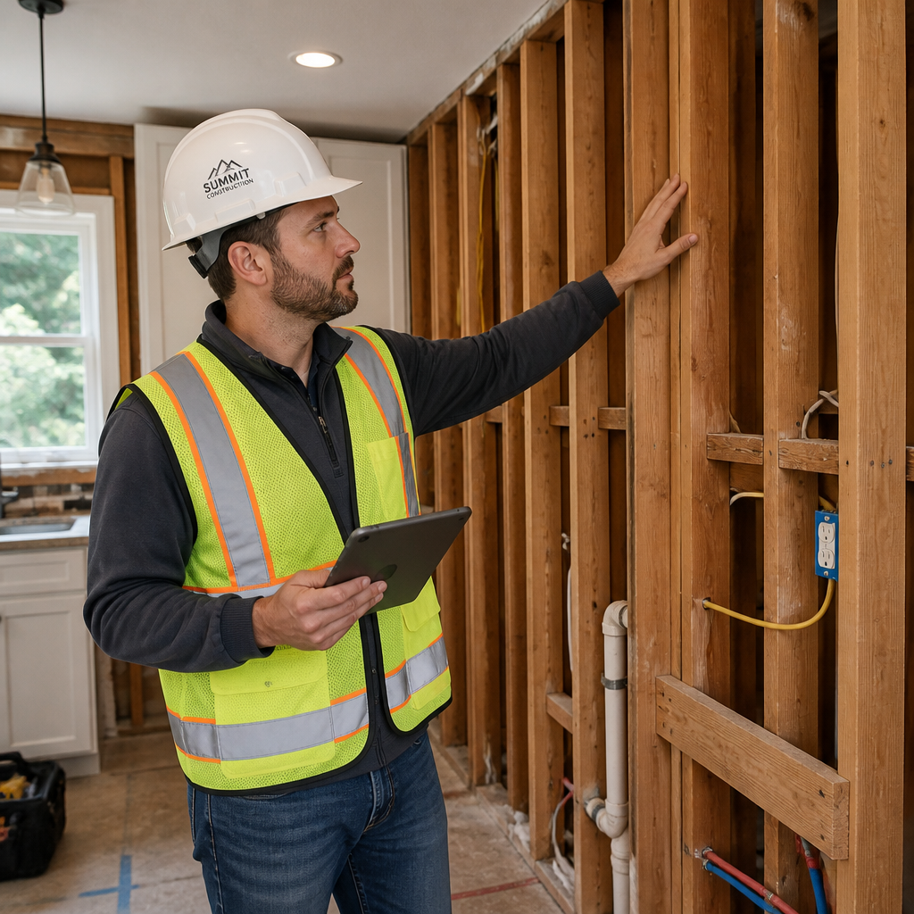 A general contractor inspecting a kitchen construction site.